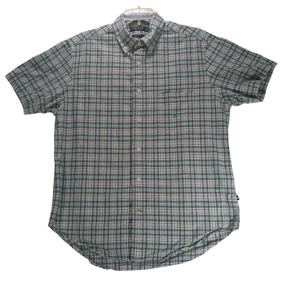 Nautica Mens Medium Plaid Checkered Button Up Short Sleeve‎ Shirt 100% Cotton
